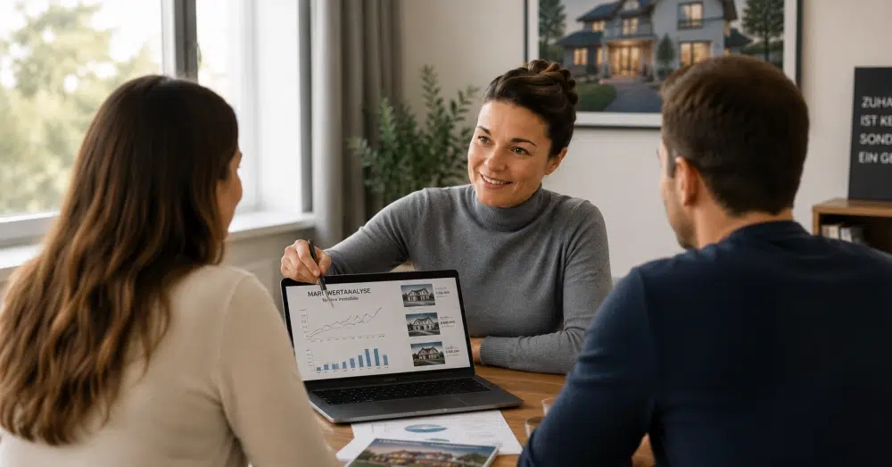 Home I WEKEYS IMMOBILIENMAKLER - Immobilienvermittlung neu gedacht. Menschlich. Fair. Effizient. 7 Immobilienberaterin erläutert einem Eigentümerpaar eine Marktwertanalyse ihrer Immobilie anhand von Diagrammen und Vergleichsdaten auf einem Laptop.
