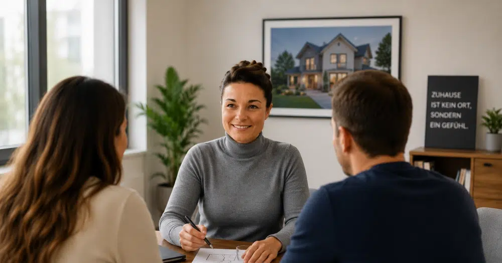 Home I WEKEYS IMMOBILIENMAKLER - Immobilienvermittlung neu gedacht. Menschlich. Fair. Effizient. 6 Immobilienberaterin führt ein persönliches Kennenlerngespräch mit einem Paar und bespricht erste Informationen zu deren Immobilienanliegen.