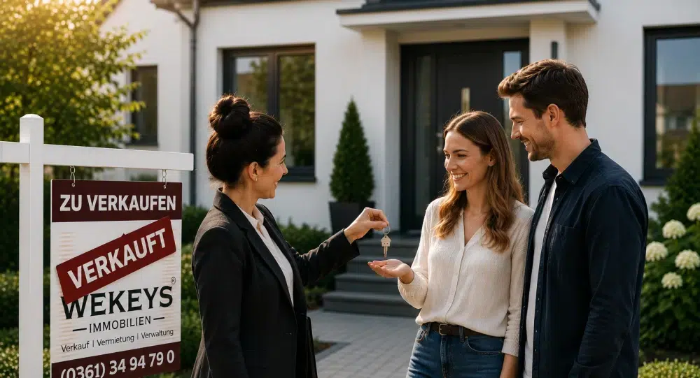 Home I WEKEYS IMMOBILIENMAKLER - Immobilienvermittlung neu gedacht. Menschlich. Fair. Effizient. 10 Immobilienmaklerin übergibt einem Paar vor einem Einfamilienhaus die Schlüssel. Daneben steht ein Maklerschild mit der Aufschrift „Verkauft“.