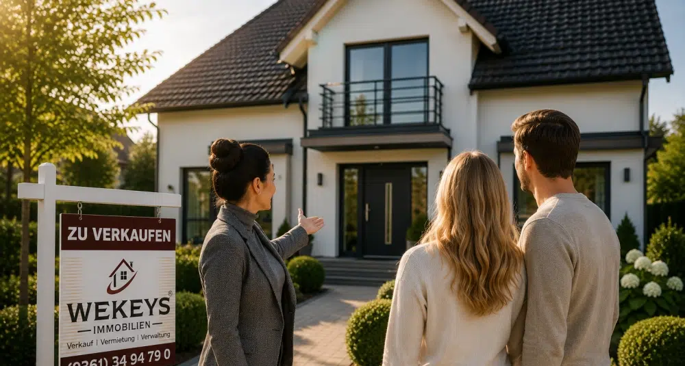 Home I WEKEYS IMMOBILIENMAKLER - Immobilienvermittlung neu gedacht. Menschlich. Fair. Effizient. 9 Immobilienmaklerin präsentiert einem Paar ein modernes Einfamilienhaus. Im Vordergrund steht ein Maklerschild mit der Aufschrift „Zu verkaufen“.