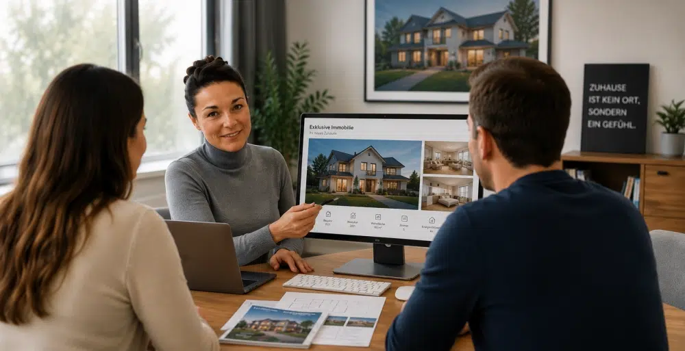 Home I WEKEYS IMMOBILIENMAKLER - Immobilienvermittlung neu gedacht. Menschlich. Fair. Effizient. 8 Immobilienberaterin präsentiert einem Paar die professionelle Vermarktung einer Immobilie anhand eines digitalen Exposés auf einem Bildschirm.